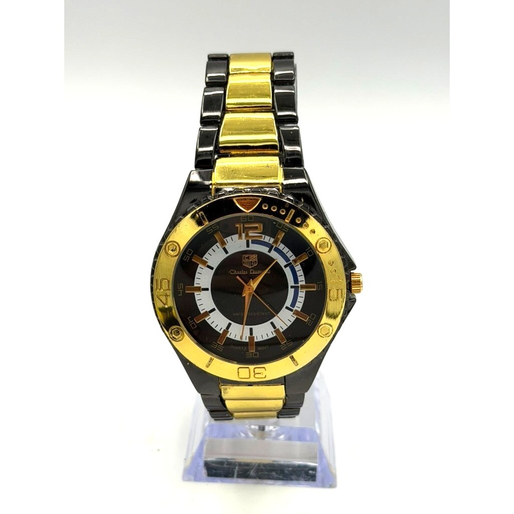 Charles Dumont Men's Quartz Watch Black Gold Tone New Battery Running 41mm